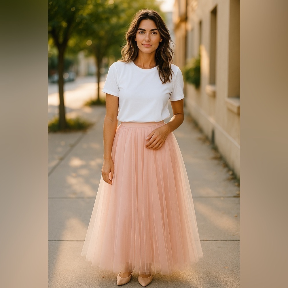 Vintage Jessica McClintock Light Pink Peach Tulle 3 Layer Pleated Maxi Skirt 9